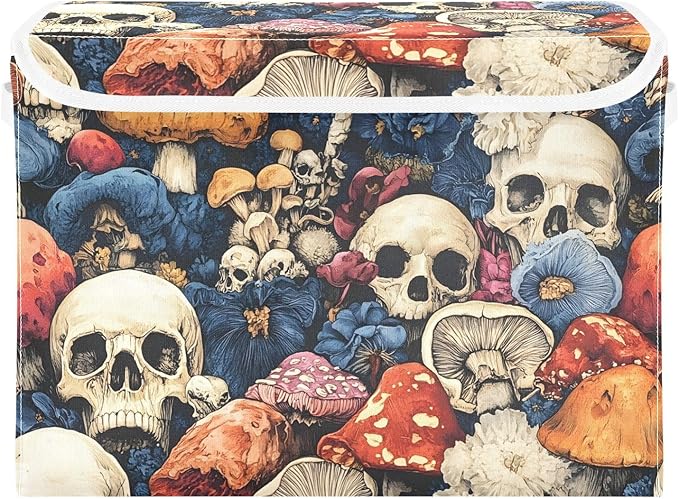Colorful Skull Mushroom Storage Cube Bins Basket with Lid Collapsible Flip-top Fabric with Handle for Home Bedroom Closet Office 16.5×12.6×11.8 in