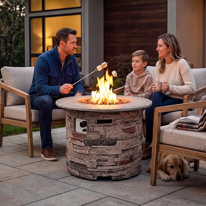 COSIEST Outdoor Propane Concrete Fire Pit Table w Imitation Stone Surface 32-inch Round Fire Table Certified 40000 BTU Stainless Steel Burner Free Lava Rocks Fits 20lb Tank Inside