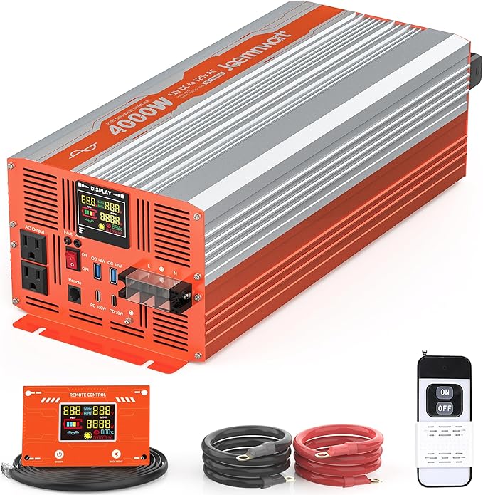 4000W Pure Sine Wave Inverter 12V DC to 120V AC Converter 8000W Surge for Vehicles RV Home Solar with Dual AC SocketsFast Charging Type-C PD100W Hardwire Port Remote Controller