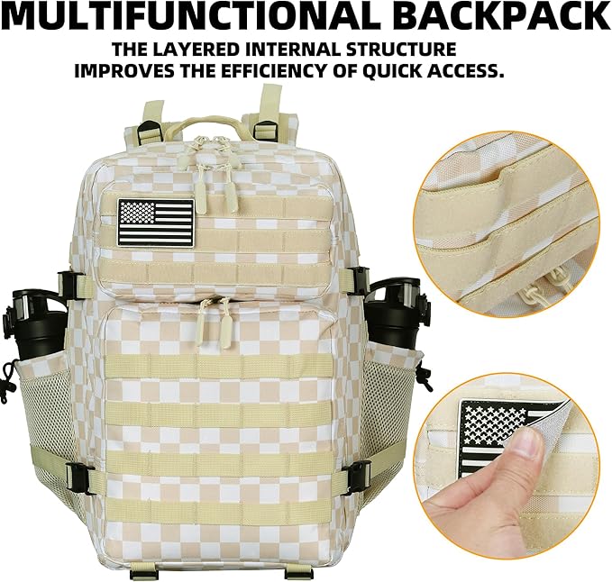 Lovelinks21 45L Tactical Assault Backpack 3 day assault pack with Molle Waterproof backpack Rucksack for Tactical Backpacks (Beige Plaid)