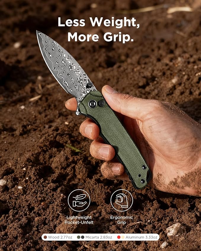 Folding Pocket Knife 2.99 Damascus Blade Micarta Handle Sharp Cool Small EDC Pocket Knives with Clip for Men Women Camping Hiking Survival Outdoor Mini 3080MG (Green)