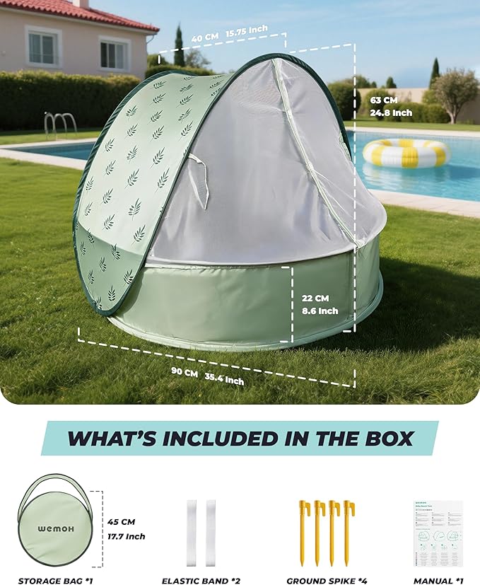 Baby Beach Tent with Pool 3-in-1 Upgrade Pop Up UPF 50+ Sun Protection Shelter with Mosquito Net Babies Toddlers Portable Outdoor Summer Essentials for Beach Backyard Indoor- Green Leaves