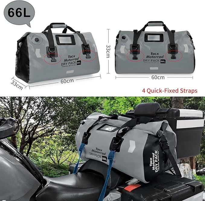Waterproof Duffel Bag for Men/Women Roll-top Dry Backpack Duffel Bag with Quick-fixed Straps Motorcycle Tail Saddle Bag for Motorcycling Rafting Boating Kayaking Travel 66L-Grey