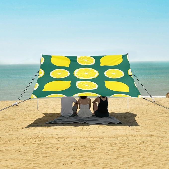 Beach Canopy with Windproof Ropes &amp Sandbags Beach Tent Sun Shade Sun Shelter for Camping Trips Fishing Backyard Fun or Picnics Lemon