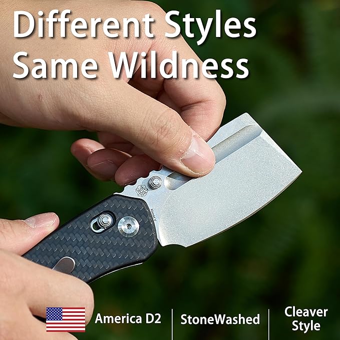 KANSEPT Korvid V Pocket Knife 2.91'' America Stonewashed D2 Blade Twill Carbon Fiber Handle Thumb Stud with Crossbar Lock Double Sided Clip for EDC Camping Folding Knives TE2030V7