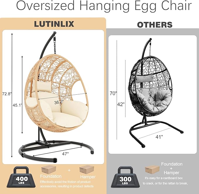 Oversized Hanging Egg Chair Set of 2 Outdoor Indoor Wicker Swing Egg Chair with Stand 400lbs Capacity for Bedroom Patio Garden and Balcony