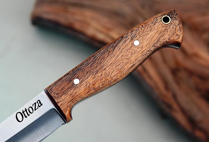 Ottoza Full Tang Bushcraft Knife with 1095 Carbon Steel Fixed Blade - Survival and Outdoor Camping Knife - Black Cross Draw Sheath and Musket Wood Handle 393