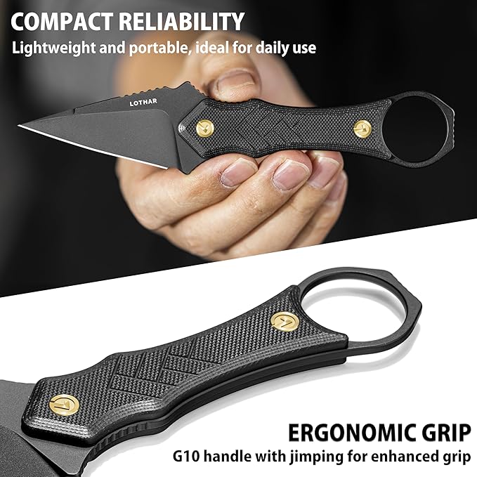 LOTHAR PORCUPINE Small Fixed Blade Knife 2.46 14C28N Neck Knife EDC Knife with G10 Handle and Kydex Sheath Knife Necklace Horizontal Carry Knife Survival Knife Gifts for Men Women (black)