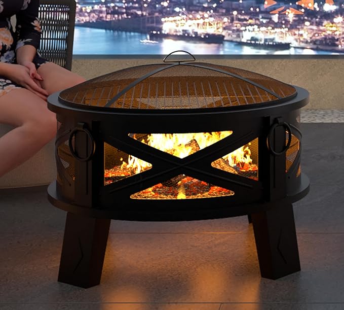 Fire Beauty 26Steel Fire Pit with Grill Grate&ampSpark Screen360° Airflow Boost TechnologyLess SmokeLarger FlamesHeavy-Duty Portable Camping Fire Pit for BackyardBeachRV (22lbs4 HandlesDual-