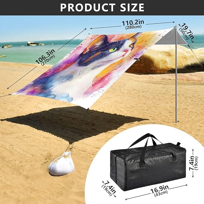 ALAZA Watercolor Cute Cat Beach Tent Sun Shelter Portable Canopy Sunshade for Outdoor Camping Picnics Backyard Fun 10x9 ft