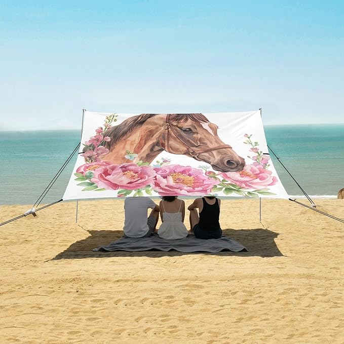 ALAZA Horse Peony Flower Floral Beach Tent Sun Shelter UPF50+ Protection Beach Shade Canopy w/ 4 Sandbags for Outdoor Camping Fishing Backyard Fun Picnic 10x9 ft