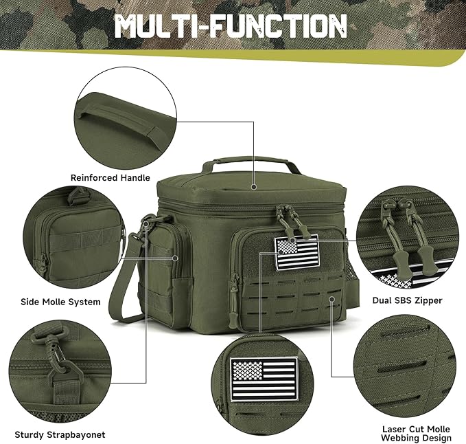 QT&ampQY Tactical Lunch Bag for Mens Military Heavy Duty Lunch Box Work Leakproof Insulated Durable Thermal Cooler Bag for Adult Meal for Office Camping Picnic Pail MOLLE Webbing Army Green