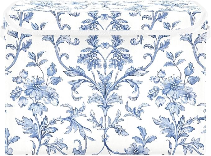 susiyo Large Foldable Storage Bin with Flip-Top Lid Blue Chinoiseries Flowers Storage Box Collapsible Closet Organizer Containers Boxes Decorative Baskets with Handles for Home Bedroom Living Room Of