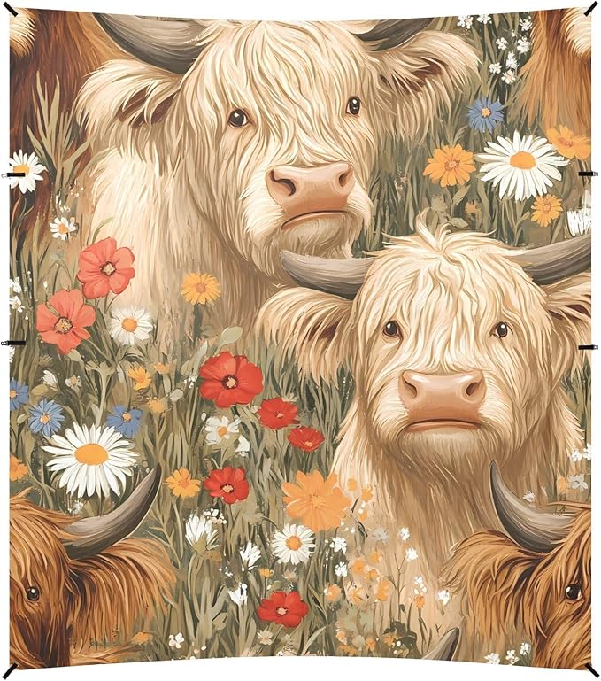 ALAZA Highland Cattle Colorful Flower Pattern Beach Tent Sun Shelter Portable Canopy Sunshade for Outdoor Camping Picnics Backyard Fun 10x9 ft