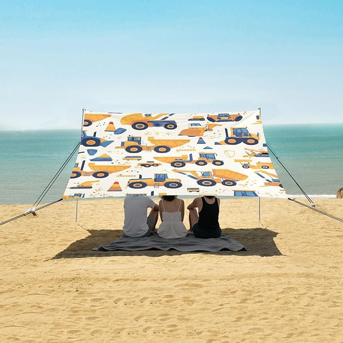 Construction Vehicles Dump Truck Grader Foldable Beach Cabana UPF50+ Waterproof Portable Sun Shelter Includes Sand Shovel Sandbags Stability Poles for Camping Picnics Backyard &amp Fishing