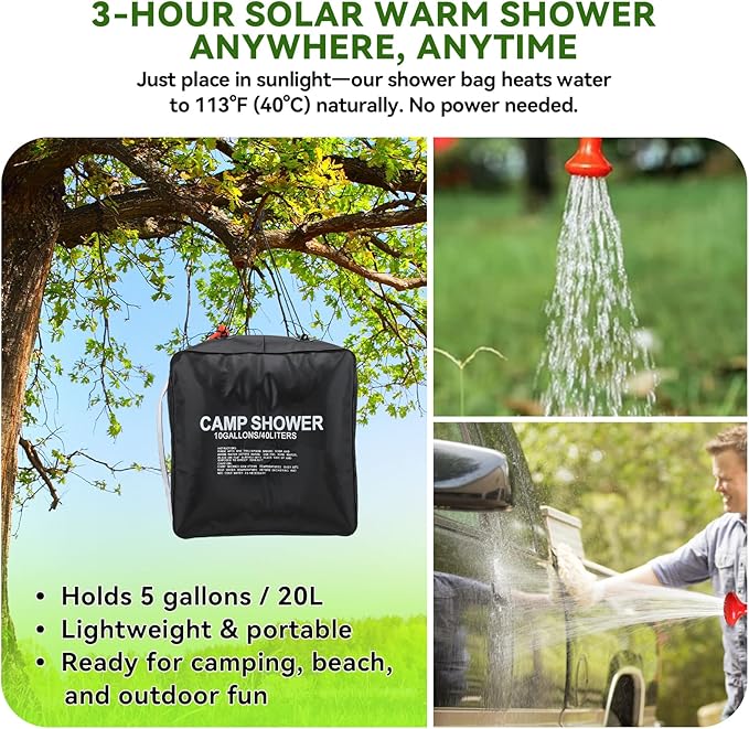 Solar Shower Bag 40L (10 Gallon) Portable Camping Shower – Heats to 113°F in 3 Hours Leak-Proof Black PVC Material for Outdoor Showers at Beach Hiking Travel | Eco-Friendly &amp Easy to Use