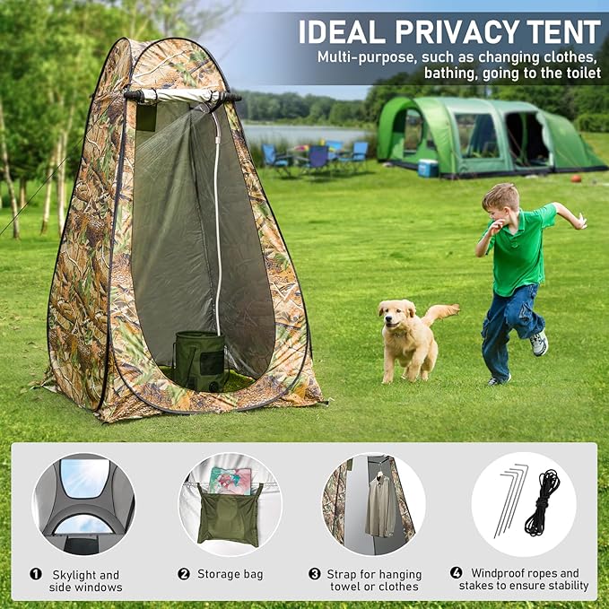 Portable Camping Shower Pop Up Shower Privacy Tent Kit with LED Lights 4500mAh Rechargeable Shower Pump Filtered Shower Head &amp 7.4 Gallons Foldable Bucket Outdoor Shower for Hiking Beach Trav