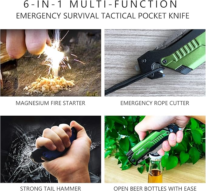 ALBATROSS 6-in-1 Modern Damascus Steel Folding Pocket Knives with LED LightSeatbelt CutterGlass BreakerMagnesium Fire StarterBottle OpenerMulti-Function Emergency Tool(Green-DA)