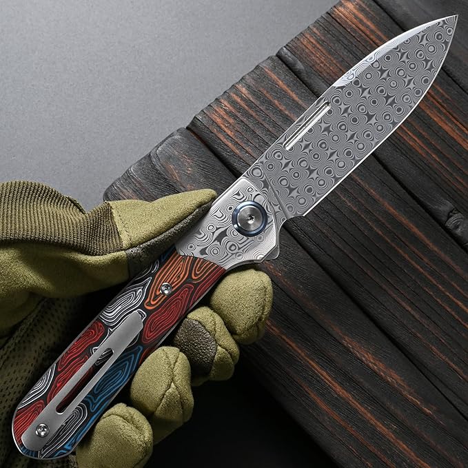 Sitivien ST256 Damascus Steel Folding KnifeDamascus Blade with Colorful G10 Handle EDC Knife for Outdoor CampingHiking Fishing(Color) … …