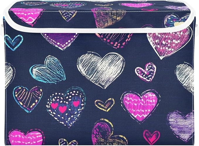 Cartoon Heart Storage Cube Bins Basket with Lid Collapsible Flip-top Fabric with Handle for Home Bedroom Closet Office 16.5×12.6×11.8 in