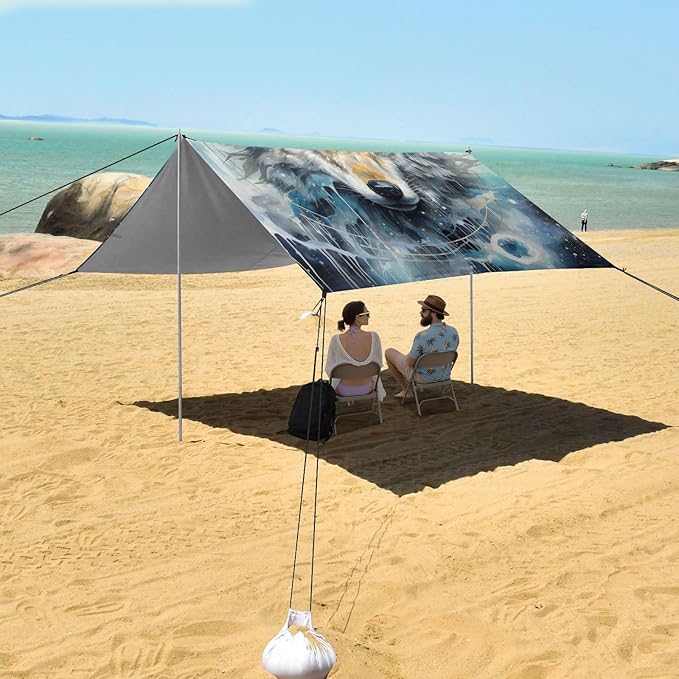 ALAZA Wolf Moon Galaxy Beach Tent Sun Shelter Portable Canopy Sunshade for Outdoor Camping Picnics Backyard Fun 10x9 ft