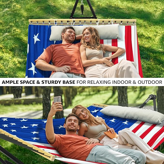Tranquillo Unity Adjustable Hammock Stand 800 lbs Capacity Steel Double Hammock Stand for 2 Persons Premium Pre-Assembled Stand for Indoor Outdoor (American Flag)