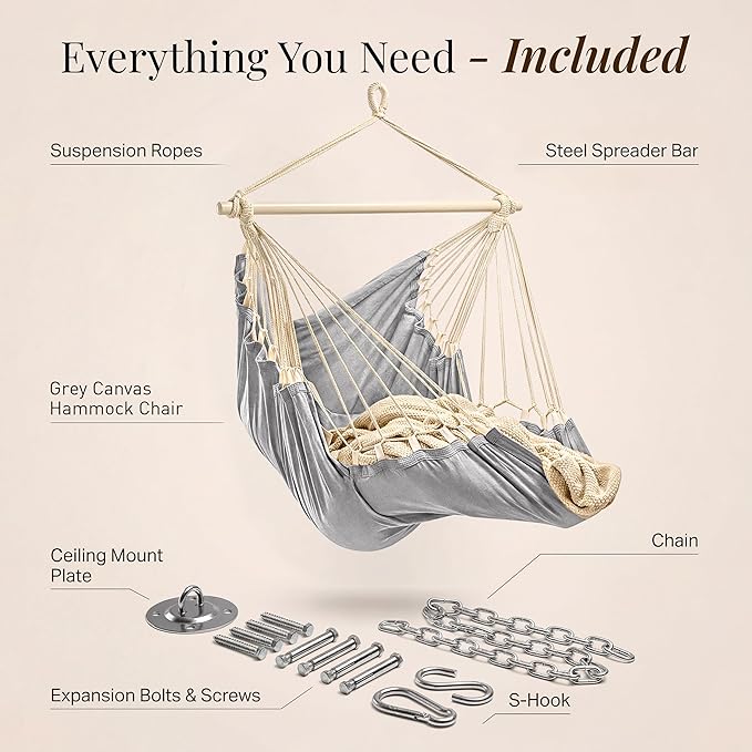Hanging Hammock Chair Swing - Hammock Swing Chair with Foot Rest - Indoor/Outdoor Hanging Chair - Quick &amp Easy Setup with Durable Hardware – Spacious Full Body Support – Holds 440 Lbs