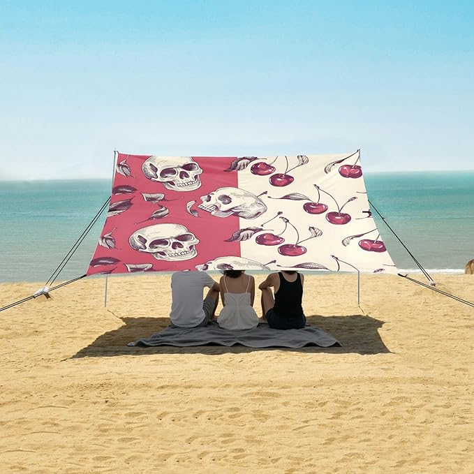 ALAZA Retro Cherry Skull Beach Tent Sun Shelter UPF50+ Protection Beach Shade Canopy w/ 4 Sandbags for Outdoor Camping Fishing Backyard Fun Picnic 10x9 ft