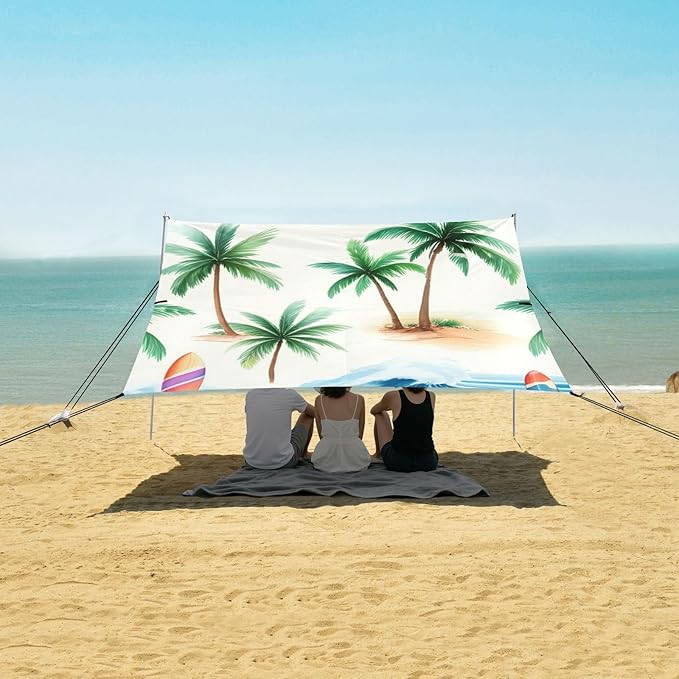 Beach Canopy with Windproof Ropes &amp Sandbags Beach Tent Sun Shade Sun Shelter for Camping Trips Fishing Backyard Fun or Picnics Beach
