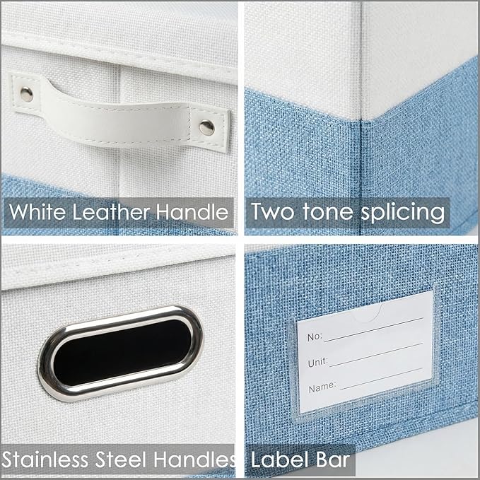 PRANDOM Storage Bins with Lids [3-Pack] Linen Fabric Foldable Storage Boxes Organizer Containers Baskets Cube with Cover for Bedroom Closet Office White&ampBlue (23.4X15.9X11.4)