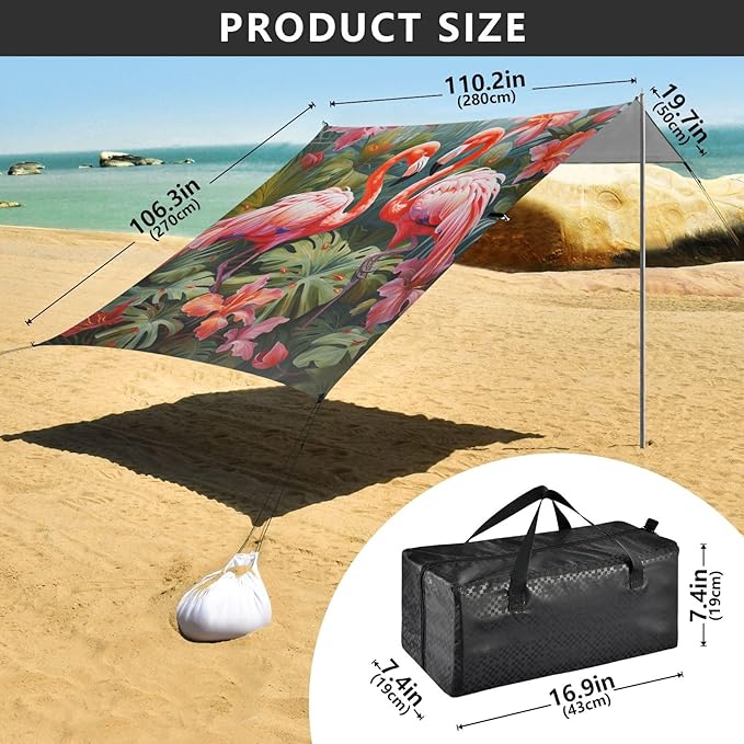 ALAZA Two Lover Flamingos Hibiscus Flower Beach Tent Sun Shelter Portable Canopy Sunshade for Outdoor Camping Picnics Backyard Fun 10x9 ft