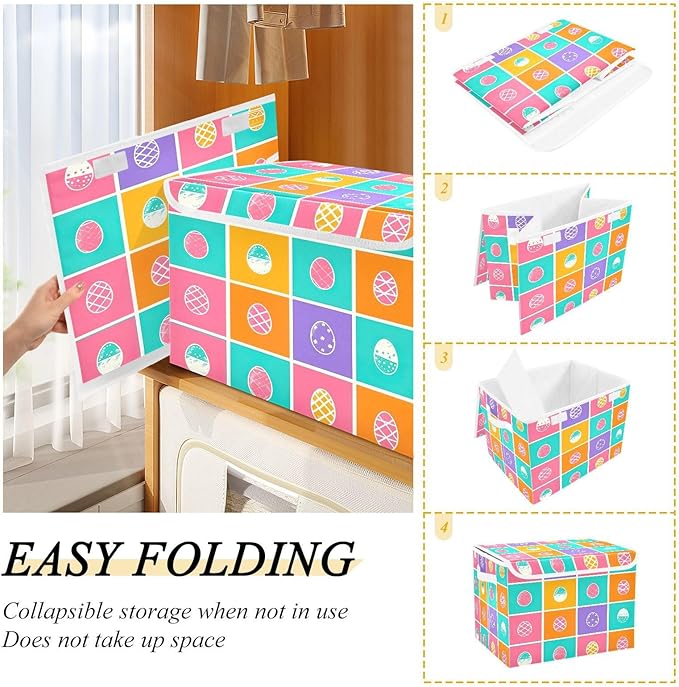 Christmas Storage Baskets with Lids Colorful Eggs Collapsible Bins Stackable Fabric Linen Baskets Closet Organizer Container 16.5x12.6x11.8