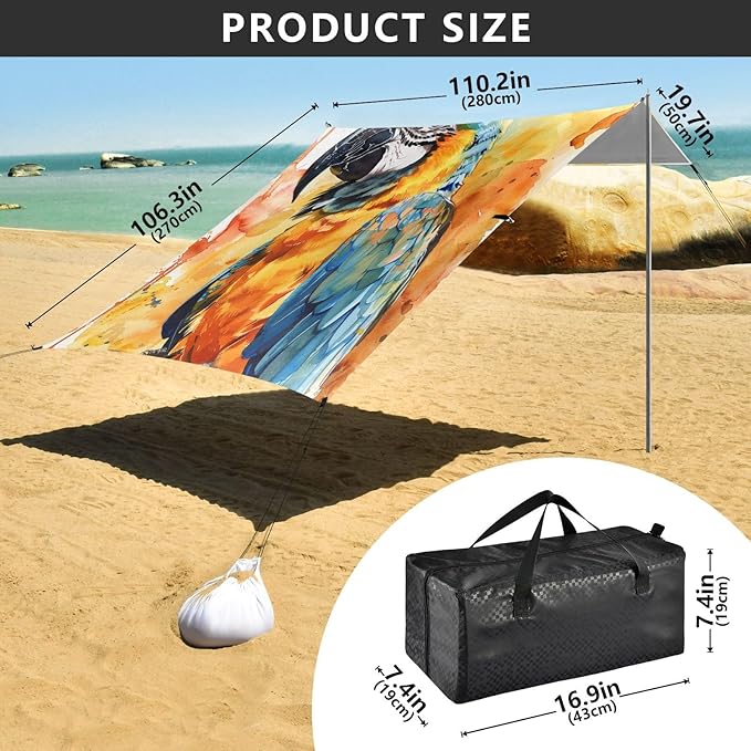 ALAZA Watercolor Parrot Portrait Beach Tent Sun Shelter UPF50+ Protection Beach Shade Canopy w/ 4 Sandbags for Outdoor Camping Fishing Backyard Fun Picnic 10x9 ft