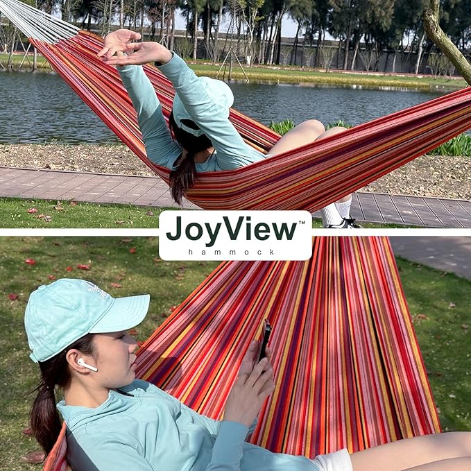 JoyView Brazilian Double Hammock with Hanging Ropes Extra Large 86.6x59” Portable Cotton Hammock for Patio Backyard Porch 450LBS Weight Capacity Perfect for Outdoor/Indoor - Blue &amp Green Stripes