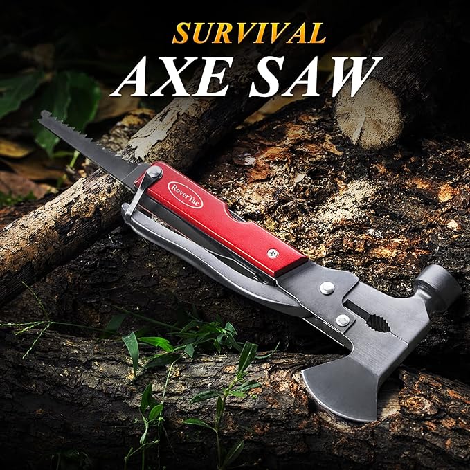 RoverTac 14-in-1 Multitool Camping Axe Hatchet – Essential Camping Gear with Knife Hammer Saw Bottle Opener Screwdriver – Multi Tool with Sheath – Gifts for Men Dad and Outdoor Adventures