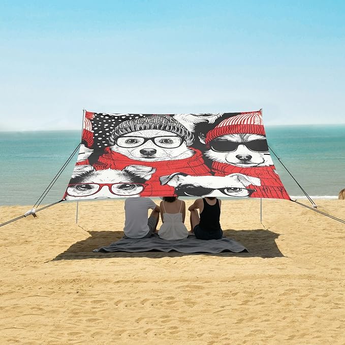 ALAZA Dog Glasses Beach Tent Sun Shelter UPF50+ Protection Beach Shade Canopy w/ 4 Sandbags for Outdoor Camping Fishing Backyard Fun Picnic 10x9 ft