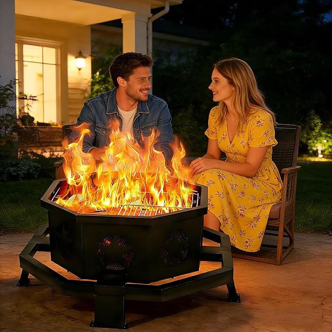 Hykolity 31 Inch Fire Pit Octagonal Outdoor Fire Pit 2 in 1 Wood Burning Fire Pits with Cooking Grill Smokeless FirePit for Outside Bonfire Patio Backyard Camping