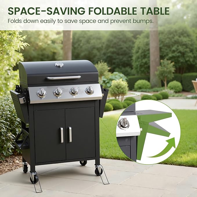 HUGROVE 4-Burner Propane Gas BBQ Grill Upgraded 40000 BTU Stainless Steel Barbecue Grill with Foldable Side Tables Spice Rack &amp Wheels for Outdoor Cooking
