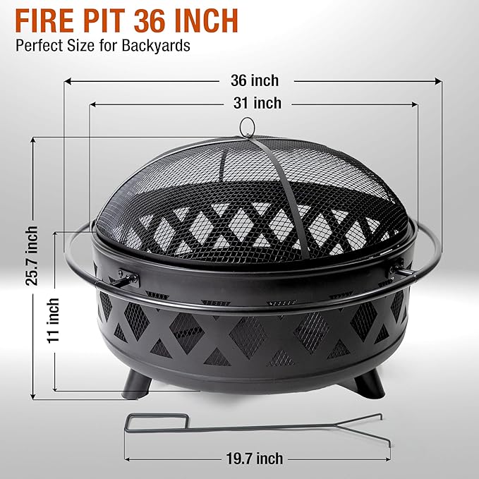36 Inch Heavy Duty Steel Fire Pit Outdoor Wood Burning Fire Pits with Mesh Spark Screen and Poker for Camping Heating