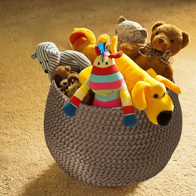 Rope Woven Basket - Round Rope Organizer Cotton Table Basket Covered Storage Bin | Stylish Decorative Utility Holder Soft Lid Container with Sturdy Shape for Napkins Sundries Snacks Makeup Towels