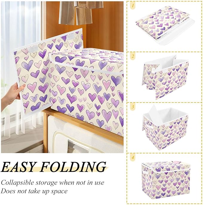 Storage Bins With Lid Stackable Fabric Closet Organizer Clothing Storage Large Boxes For Closet Shelves Bedroom Purple Hearts Minimotifs Diverse