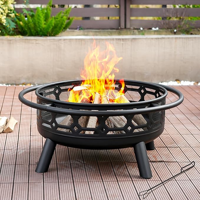 Florise 36 Inch Fire Pit Outdoor Wood Burning Firepit with Removable Grill &amp Poker Heavy Duty Metal Round Fireplace2 in 1 Large Bonfire for OutsideBBQYardPatio