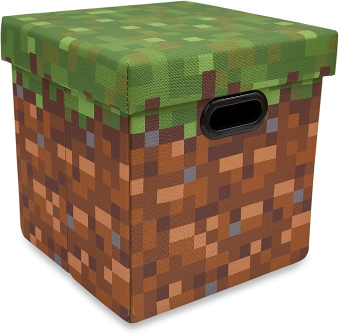 Minecraft Grassy Block 13-Inch Storage Bin Chest with Lid | Foldable Fabric Basket Container Cube Organizer with Handles Cubby for Shelves Closet | Home Decor Essentials Video Game Gifts
