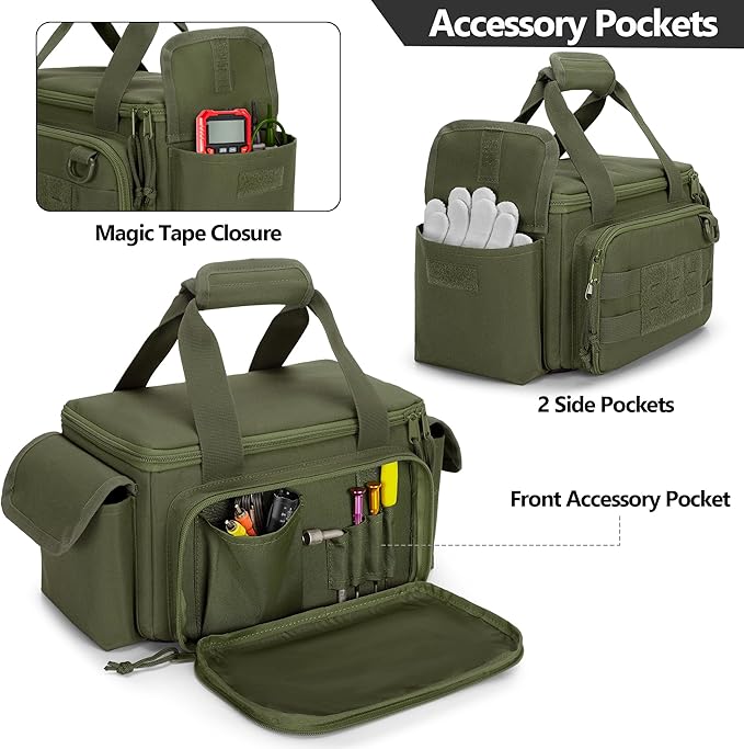 Rexmica Small Tool Bag with Anti-friction and Thick Padded Bottom Tool Storage Organizer for Men Tactical Range Bag Multi-functional Work Bag for Repairman Electrician Carpenters (Green)