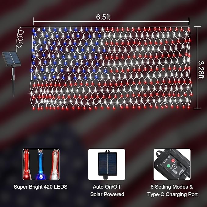 DBFAIRY Solar American Flag Lights Outdoor420 LEDs American Flag Net Lights 6.5ft x 3.28ft Super BrightMemorial Day Decorations of The United States for Independence/National/Memorial DayJuly 4th