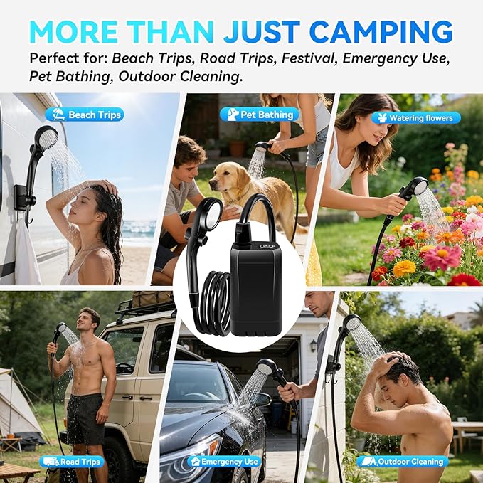 Camping Shower with Heater Portable – 6000mAh Rechargeable Hot Water Shower Pump with LED Display 3 Spray Modes for Outdoor Camping RV Pet Bath Car Wash Travel