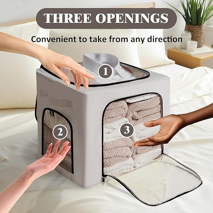 GuliPostan 3 Pack 40L Stackable Clothes Storage Bins with Metal Frame Handles &amp Zipper Collapsible Closet Organizer Box with Lid for Bedding Blankets Towel (Light Grey)
