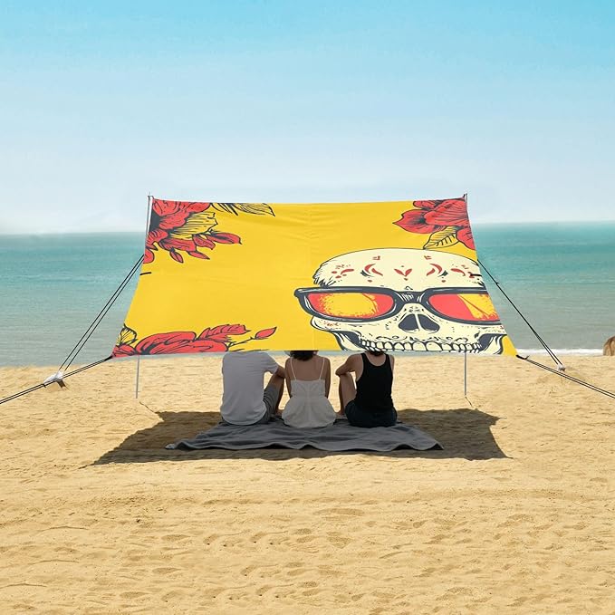 Mexican Style Cinco De Mayo Sunglasses Dia De Muertos Skull Beach Cabana UPF50+ Lightweight Large Sun Shelter with Sandbags Sand Shovel Poles for Camping Picnics Backyard