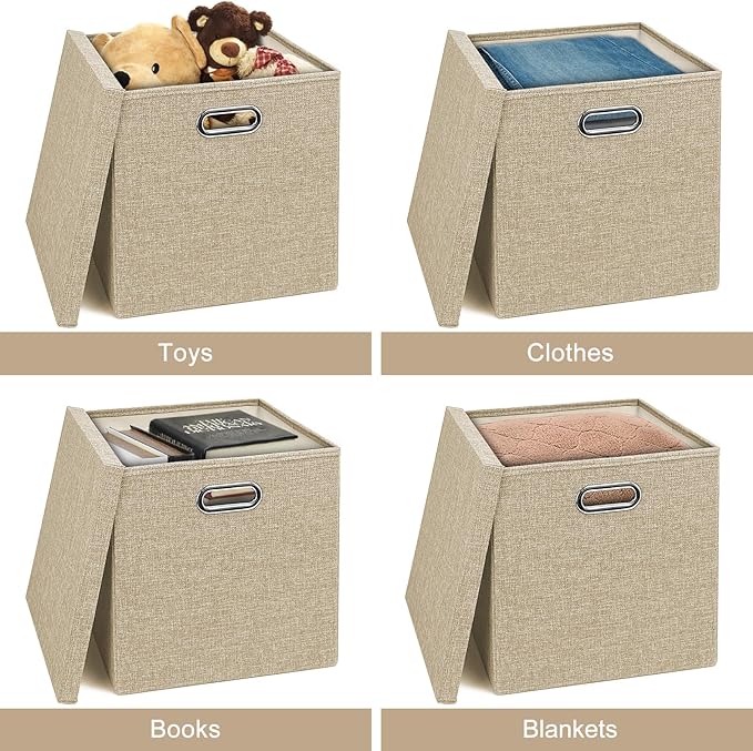 Linen Storage Bins with Lids13 x 13 Inch Foldable Fabric Cube Baskets Boxes Organizer for Closet Shelves and Home. (Khaki (13x13) 2 pack)