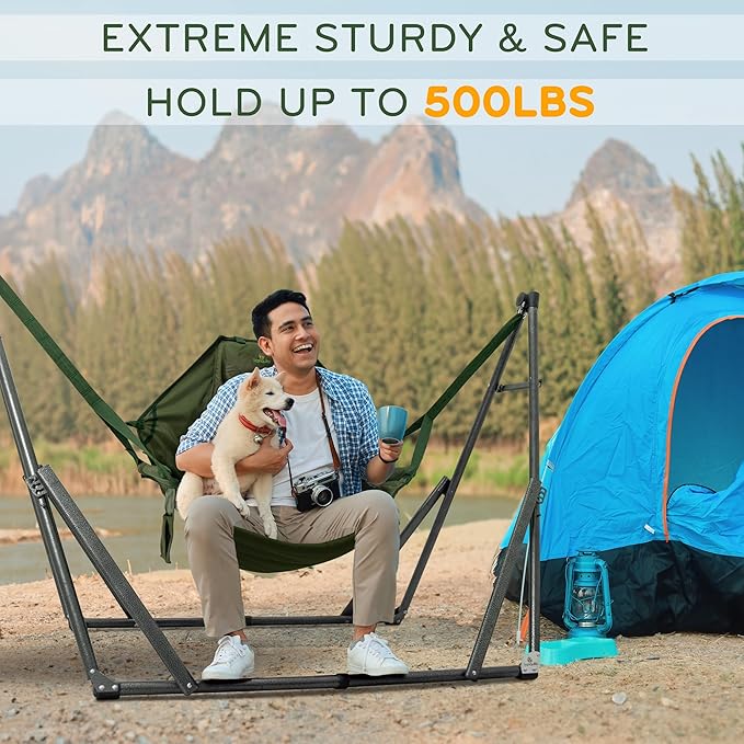 Tranquillo 2 in 1 Hammock and Swinging Chair with Collapsible Steel Stand &amp Carrying Case Portable &amp Adjustable 30s Set Up for Outdoor Indoor Porch Swing Patio Garden Camping Trip Gree